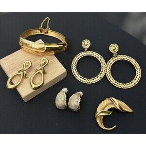 Vintage Monet Sculptural Jewelry Lot 5 Hinged Bangle Hoop Earrings Swirl Brooch